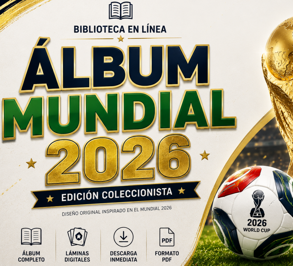 Portada del Álbum Digital Mundial 2026 de Biblioteca en Línea con diseño original para coleccionistas.
